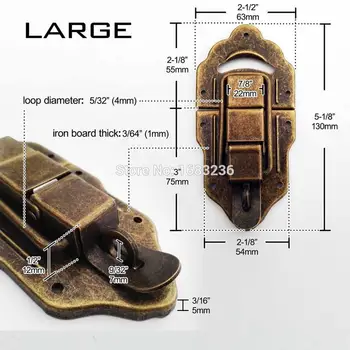 Antik medenina Super Veliko Težkih Ključavnico Trunk Preklop Ujeti Nakit Prsih Lesena Vinska Škatla Primeru Kovček Hasp Zapah 63x130mm