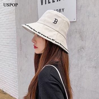 USPOP 2020 Ženske vedro klobuki pismo vezenje bombaž sonce klobuki široko roba poletni klobuki