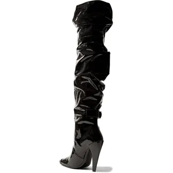 Kolena-dolžina ženske čevlje v jeseni in pozimi toplo kratek plišastih oblog lac lakasto usnje kvadratnih visoko peto, visoki škornji ženske