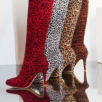 YQBTDL 2020 Jeseni Bela Rdeča Leopard Seksi Dolgo Stegno Visoki Škornji Stiletto Stretch Faux Antilop Slim Škornji Čez Koleno Ženske Čevlje