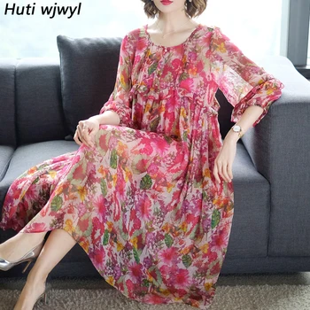 2021 korejski Novo Vintage Svile 3XL Plus Velikost Svoboden Midi Obleke Poletje Tiskanja Plaži Elegantno Maxi Sundress Ženske Boho Stranka Vestidos