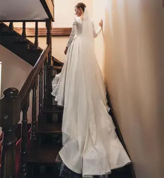 Poročna Obleka 2021 Beli Saten Dolg Rokav Elegantno Meri Izdelan Poročni Halje Z Royal Vlak Razkošja, Princesa Za Ženske Neveste
