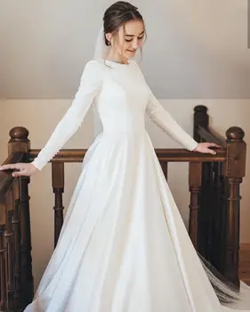 Poročna Obleka 2021 Beli Saten Dolg Rokav Elegantno Meri Izdelan Poročni Halje Z Royal Vlak Razkošja, Princesa Za Ženske Neveste