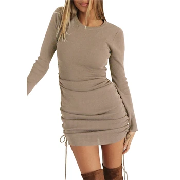 2020 Modni Trend Ženske Jeseni Novi Mini Obleka Barva Preprost Dolgimi Rokavi, Okoli Vratu Z Vrvico, Priložnostne Vgradnjo Obleko