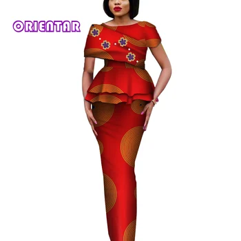 Moda Afriška Oblačila za Ženske Elegantne Vrhovi in Dolga Krila Afriške Tiskanja Bazin Riche Ženske Obleka 2 Delni Komplet Krilo Nastavite WY3788
