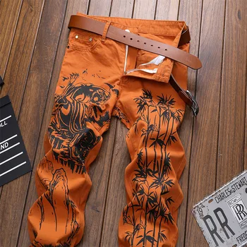 Moda za moške Kitajski črnilo pranje slikarstvo natisnjeni kavbojke Tiger slim fit stretch traper hlače