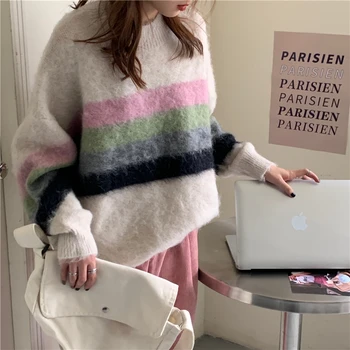 Nove zimske priložnostne prevelik za ujemanje barv prugasta puloverji s pletenje krog vratu ženske puloverji