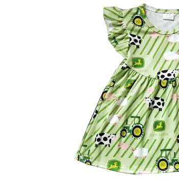 Baby Dekle Traktorja Kmetije Obleke Otroci Undulacija Rokav Tunika Ruffle Zelena Pika Hlače Oblačila Srčkan Majica Pearl Otrok Oblačila
