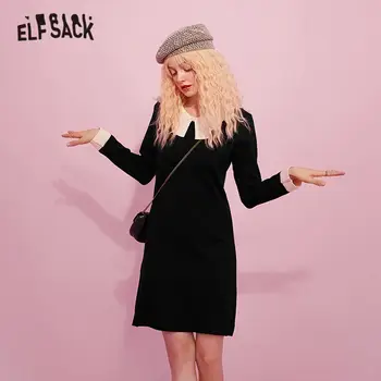 ELFSACK Črna Trdna Loki Izrez Pletene Priložnostne Mini Obleke Ženske,2020 Jeseni ELF Letnik Visoke Wasit korejske Ženske Dnevno Obleko