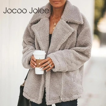 Jocoo Jolee Vzročno Anglija Slog Površniki Ženske Zimske Elegantno Specializiranimi Za Umetno Krzno, Jakne Debel Toplo Zadrgo Navzgor Teddy Plus Velikost Outwear