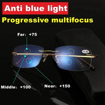 EVUNHUO Titanove Zlitine Proti-Blu-ray Postopno Obravnavi Očala Rimless Presbyopic Očala Multifokalna Očala Dioptrije 1-3