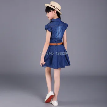 Obleke Za Dekleta Bombaž Priložnostne Otrok Oblačenja Za Dekleta Sashes Gumb Otroci Oblačila Za Dekleta Jeansa, Dekleta Obleke Poletje