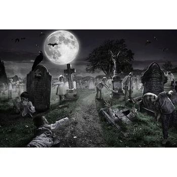 Črna Noč, Grozna Grob Duha Luna Kulise Dan Čarovnic Fotografija Okolij Po Meri Poliester Vinil