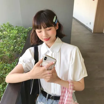 Femme ženska crop tops 2020 poletje korejski slog, barva puff kratek rokav šifon rokavi ženske bele bluze (F3995)