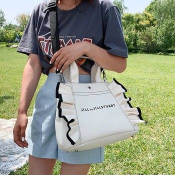 Korejski platno slog žensk v torbici velike zmogljivosti Ruffle design ženski Ramenski Crossbody vrečko prosti čas velike totes Priložnostne Potovalna torba