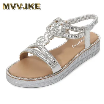 MVVJKESilver/zlata nosorogovo elastični trak nacionalni slog sandali ženske open toe creepers sandalias diamond cvet kolački tangice