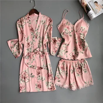 Sveže Cvjetnim Satins Svile Seksi Kopalni Plašči Ženske Kimono Oblačilih, Hišna Obleke Moda Občutljivo Roza Cvetlični Ženske Doma Oblačilih