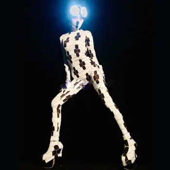 Črno bel kariran Obleka, Sexy LED Kopalke enodelne Plesna Predstava Nositi Ženska Pevka Fazi Veliko Stretch Jumpsuit