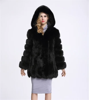 Amorkiss Evropski In Ameriški Modni Toplo Specializiranimi za umetno Krzno Plašč Ženske Zimske Umetno Fox Šivanje Krzno Hooded Dolgo Krznen Plašč