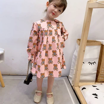 Nove poletne Modne blagovne znamke risanka pismo stil otroci dekle obleko dolgo sleeved medved tiskanje baby obleko dekle, princesa obleko 2-8 let