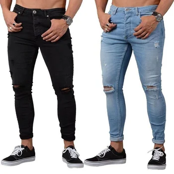 Moški jesenski skinny jeans raztrgane hlače stretch svinčnik hlače jeans hlače za moške črne
