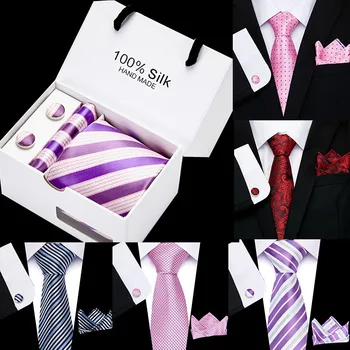 Poroka Moških Neckties Darilo Polje Pakiranje Luksuzni Kravatni Žep Kvadratnih 8 cm Svile zapestne gumbe&Handkerchief&Tie Niz Klasičnih Moških Kravato