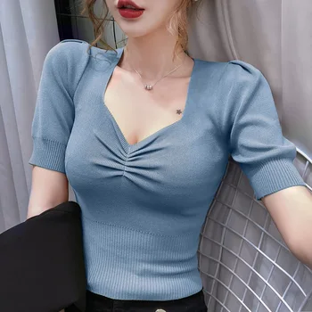 Ženske Poletne Seksi T Majice, Pletene 2020 Moda Kratek Rokav Bela TShirt Korejski Oblačila Slim Priložnostne Ženske Črna Crop Tops