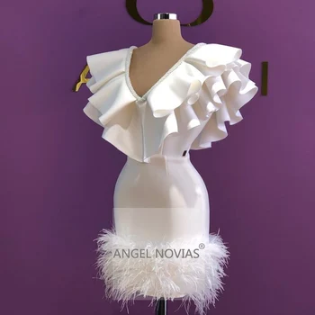 ANGEL NOVIAS Kratke Bele Seksi Prom Obleke 2021 z Perja Formalno Stranko Obleke in plašče de soiree