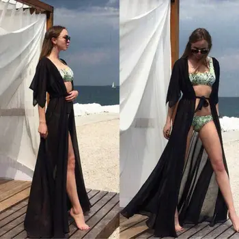 2019 Poletje Ženske Kopalke Bikini prikriti Seksi Plaži Kritje Ups, Šifon Dolgo Obleko Elegantno Trdna Plaži kopalke tunika tam kaftan