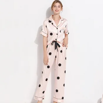 Ženske Obleka Kratka sleeved Vrhovi z Dolge Hlače Nastavite Svoboden Slog High-end Najnovejše Domačo Obleko Saten Pijamas Ženske Obleke 2020