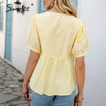Simplee Poletje bombaž vezene ruffle bluzo Poletje rumena ekspandiran rokavi ženske vrhovi casual Chic asimetrični svoboden bluzo