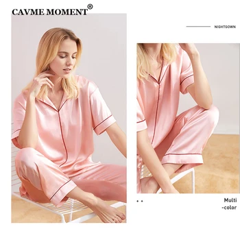 CAVME Čiste Svile Pajama Kompleti za Ženske, Dame Luksuzni Sleepwear 2 Kosa Kratek Rokav Homewear Polne Hlače Barva More