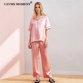 CAVME Čiste Svile Pajama Kompleti za Ženske, Dame Luksuzni Sleepwear 2 Kosa Kratek Rokav Homewear Polne Hlače Barva More