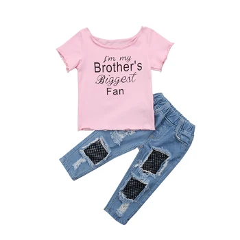 Srčkan Otroci Baby Dekleta Kratek Rokav T shirt Vrhovi+Očesa Jeans Hlače 2pcs Obleke Set S1-5Tize
