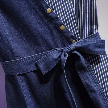Plus Velikost Ženske Jeansa Obleko Poletje 2020 korejski Moda Proti-vrat Kratek Rokav Mozaik Prugasta Jean Asimetrične Obleke