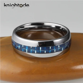 8 mm Volframov Karbid Poročni prstan Zaročni Prstan Moder Ogljikovih Vlaken Podolgovat Dome Polirani Udobje, Fit