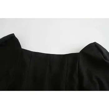 2020 NOVE Jesensko Ženske vrhovi črna trdna kvadratnih ovratnik, dolgi rokavi kratkimi vintage T-shirt priložnostne modni ženski ženska oblačila