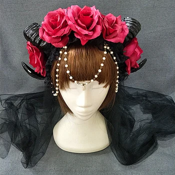 Nova Halloween Lolita Cosplay Tančico Demon Zla Gothic Ovce rog Cvetje Glavo Hairband Opremo Pokrivala Prop