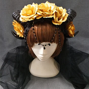 Nova Halloween Lolita Cosplay Tančico Demon Zla Gothic Ovce rog Cvetje Glavo Hairband Opremo Pokrivala Prop