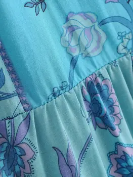2020 Bohemian Modro Zeleno Cvjetnim Tiskanja Puloverju Majica BOHO Hipi Ženske Lok Čipke V vratu Dolgimi Rokavi Pulover Bluzo Svoboden Vrhovi