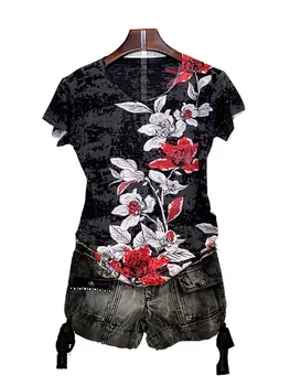 Vintage floral print majica s kratkimi rokavi ženske 4XL 2020 poletje kratek rokav grafični tees slim modis tshirt o-vrat vrhovi tee shirt femme