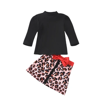 Malo Baby Dekleta Jeseni Obleke Moda Priložnostne Long Sleeve solid Pletene Vrhovi lok Leopard tiskanja Krila Set