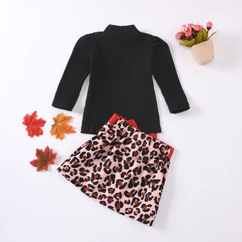 Malo Baby Dekleta Jeseni Obleke Moda Priložnostne Long Sleeve solid Pletene Vrhovi lok Leopard tiskanja Krila Set