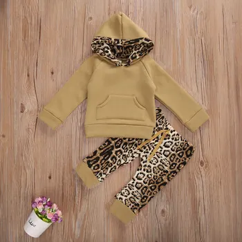 2Pcs Nastavite Newborn Baby Dekleta Fantje Obleko Nastavite Dolg Rokav Velik Žep Leopard pulover s kapuco+Hlače Malčka Dojenčka Jeseni, Pozimi Oblačila, ki