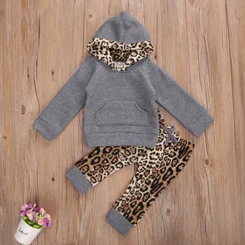 2Pcs Nastavite Newborn Baby Dekleta Fantje Obleko Nastavite Dolg Rokav Velik Žep Leopard pulover s kapuco+Hlače Malčka Dojenčka Jeseni, Pozimi Oblačila, ki