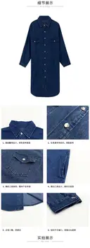 Qooth 2020 Nove Jesensko Modra Dolgo Majico Gumb Open Casual Kavbojke Obleke za Ženske Koreja Tele Dolžina Poln Rokav Svoboden Slog QT192