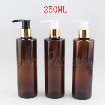 250 ML Rjava Ravno Ramenski Plastično Stekleničko Z Zlato Losjon Črpalka , 250CC Ličila Sub-stekleničenje , Šampon / Losjon za Pakiranje Steklenica