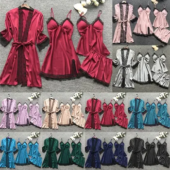 2020 Ženske Pižame Določa Saten Sleepwear Svile 4 Kosov More Pyjama Špageti Trak Čipke Spanja Salon Pijama S Prsi Blazine