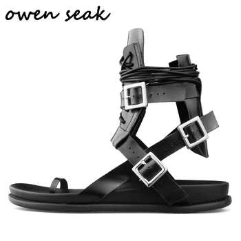 Owen Seak Moških Rim Sandali Črne Čevlje Gladiator Sandali Z Visoko-Top Owen Pravega Usnja Natikači Strani Poletni Moški Sandali