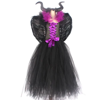 Maleficent mačehe Dekleta Tutu Obleko z Rogovi Krila Halloween Cosplay Čarovnice Kostum za Otroke Stranka Božič Obleko